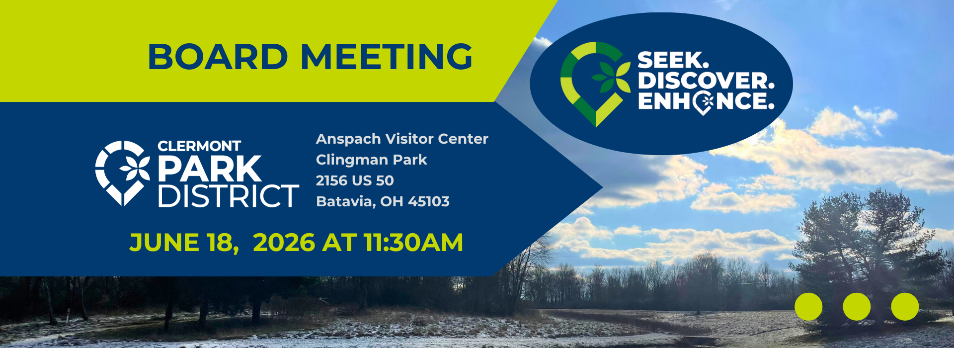 The next park board meeting will be on June 18, 2026 from 11:30am-12:30pm